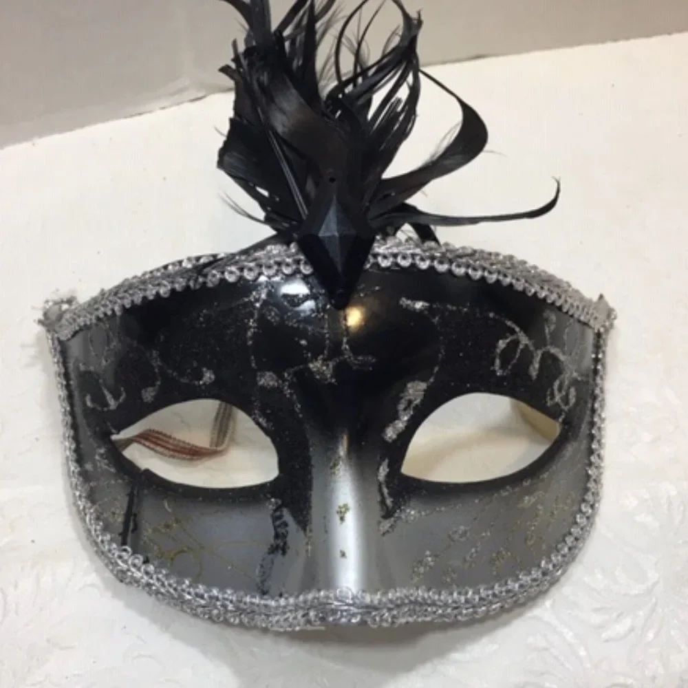 Masquerade Black Silver Gold Glitter Feather Mask Halloween Venetian Style